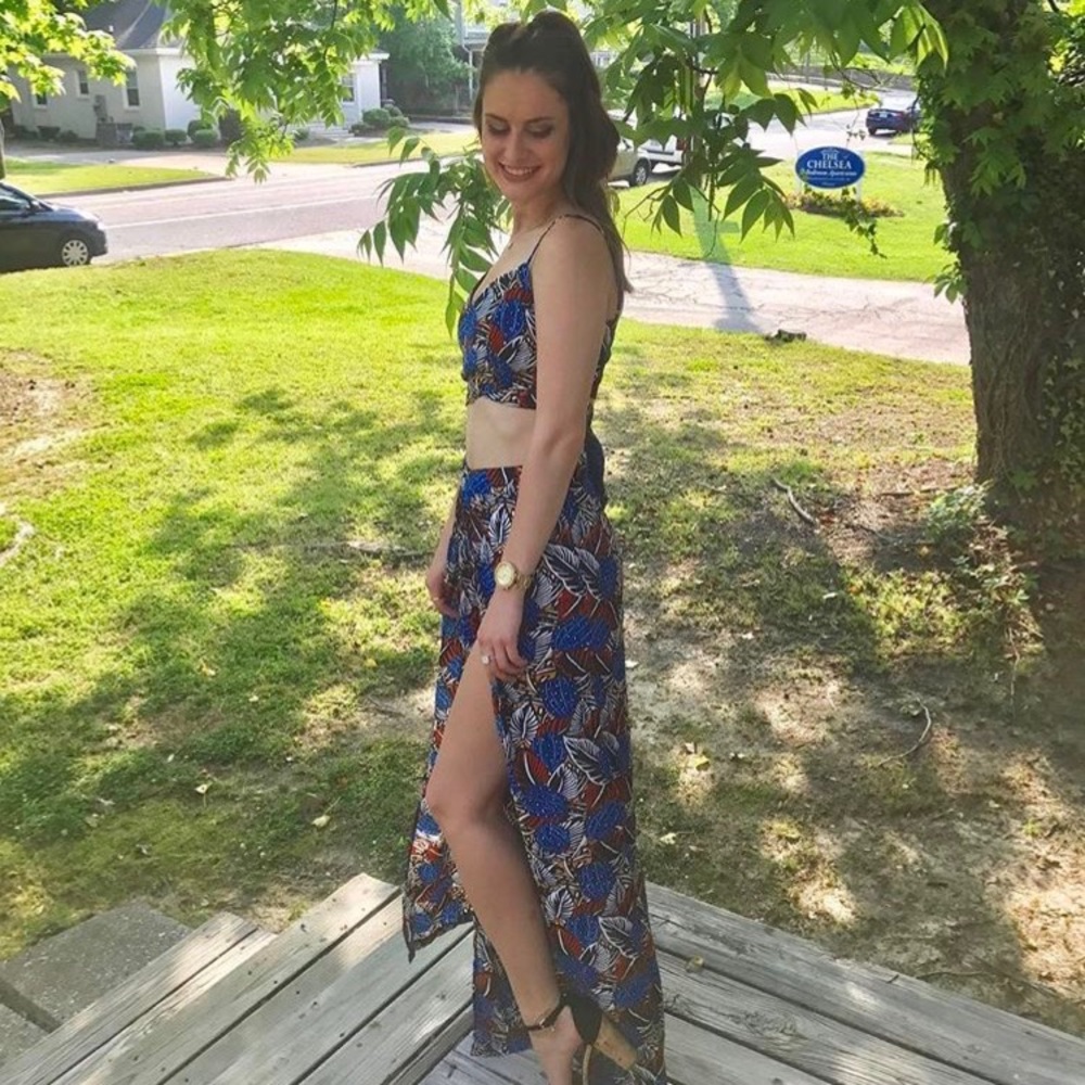 Women’s Blue Tropical Print Two-Piece Maxi Dress